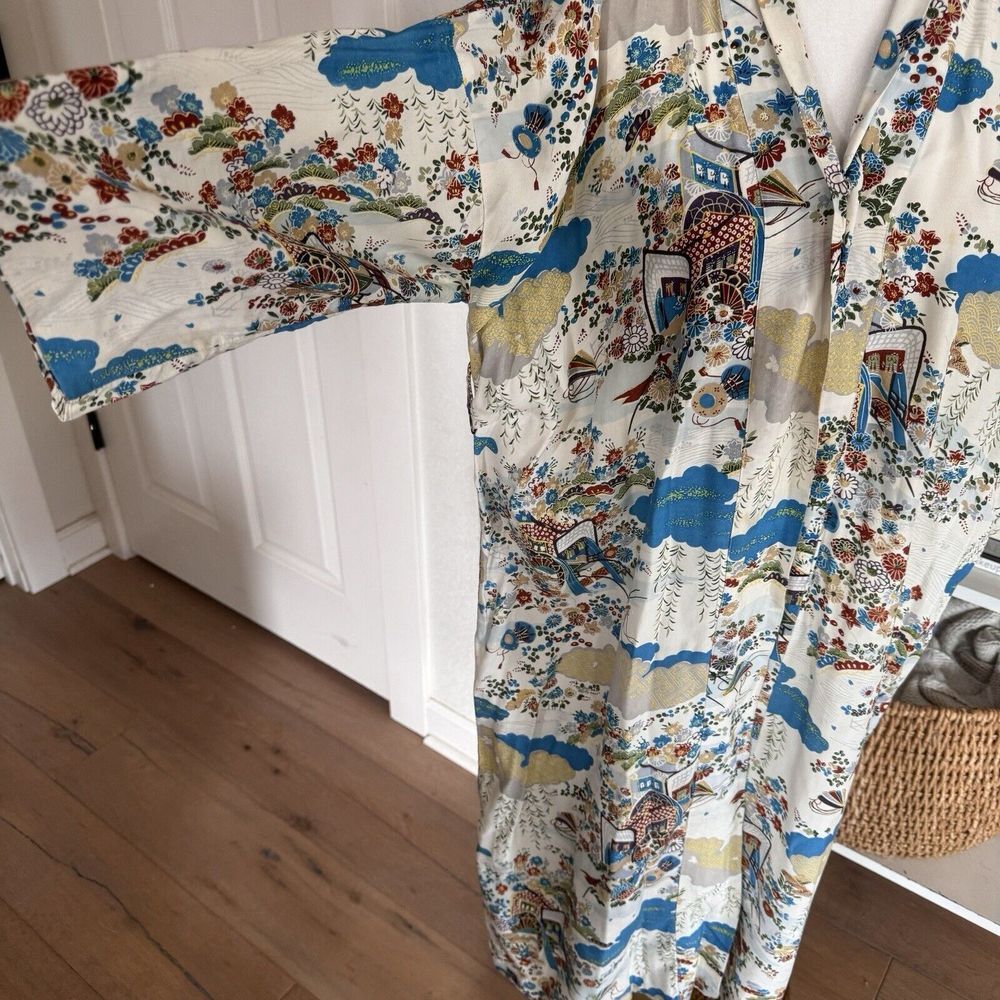 Vintage 60s 70s Floral Artsy Kimono‎ Nightgown Robe Snap Button Handmade? Sz M - Picture 4 of 11
